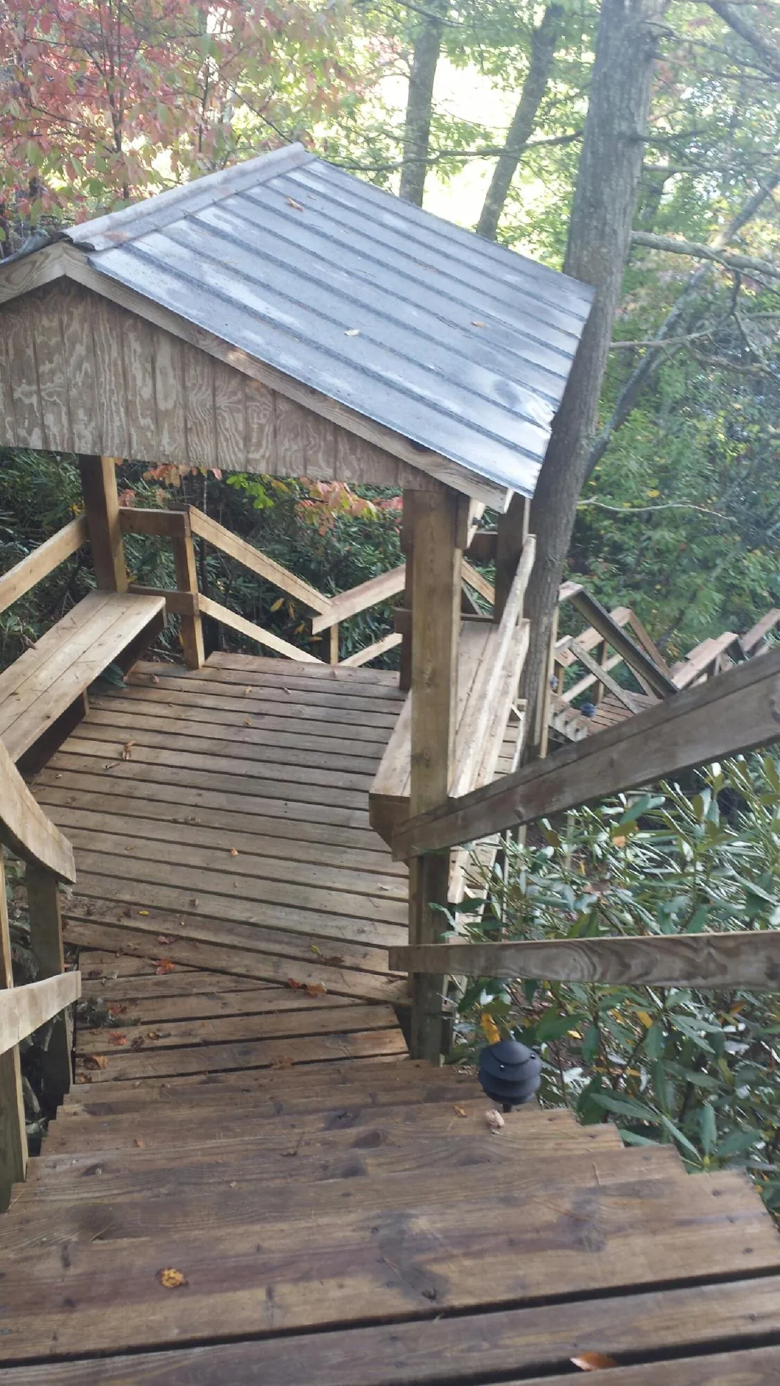 Metal roofed shelter over wooden steps on a wooded walkway — Skylight Repair & Installation work by our crew in Chimney Rock